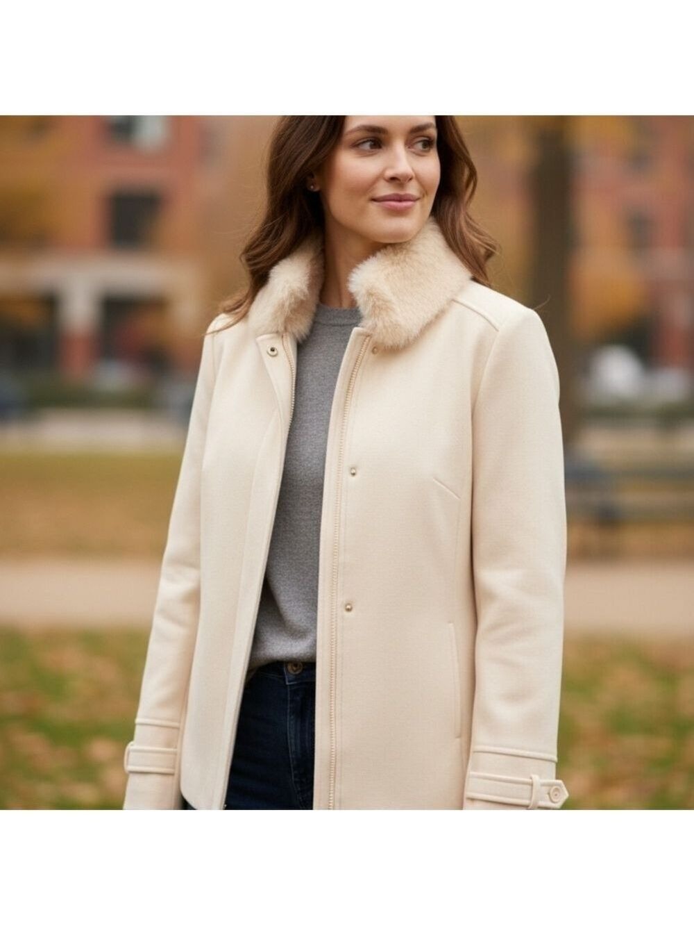 Principles Chic Women's Cream Trench Coat with Faux Fur Collar Euro Size 44